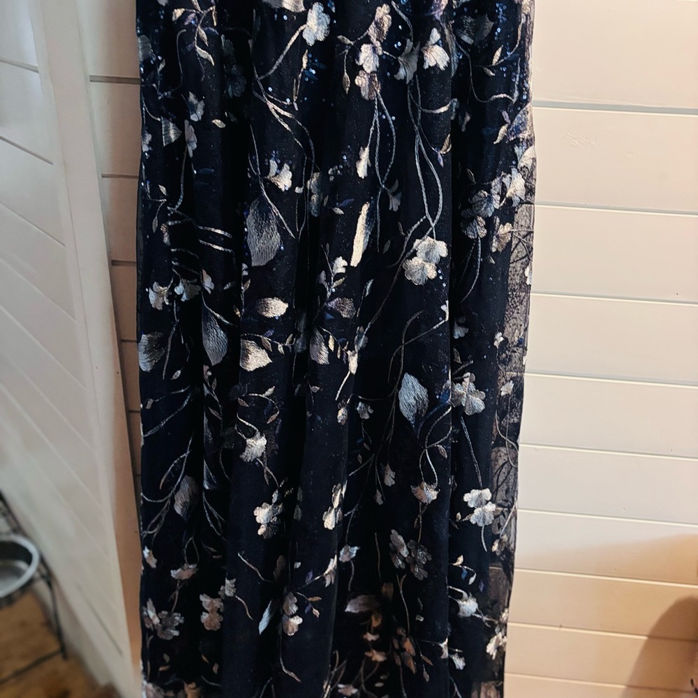Teri Jon Navy Maxi Dress with Silver Floral Embroidery - Picture 9 of 14